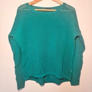 Prana Teal Open Knit Sweater Organic Cotton Lightweight Boho Size Large